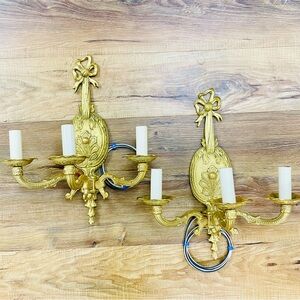 Vintage French Louis XVI Style Gilded Brass Ribbon Wall Sconces Electric Wiring
